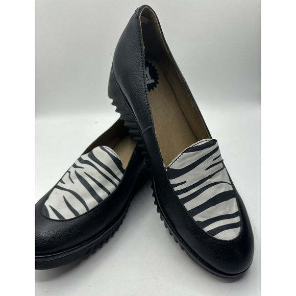 FLY London Leather Slip-Ons Luan Black White Zebra Print Wedge Size 41 (US 10) - Picture 1 of 6